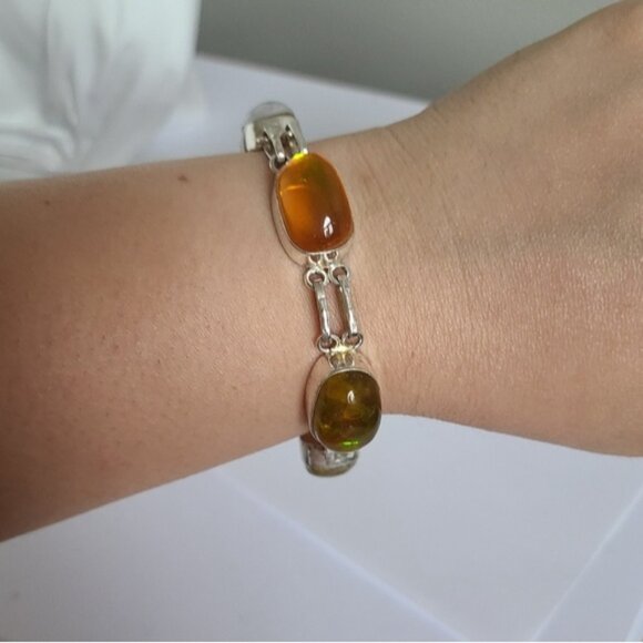 Vintage Boho Sterling Silver Yellow Rainbow Topaz Oval Chain Link Bracelet - Picture 6 of 9